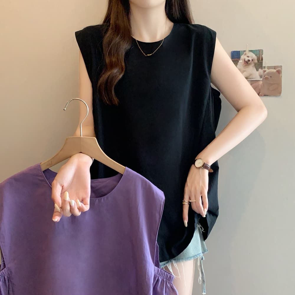 실사 한국 스타일 빅 사이즈 주름 디자인 센스 민소매 셔츠 연령 감소 인형 셔츠 작은 키 루즈핏 조끼 맨위 이미지 2