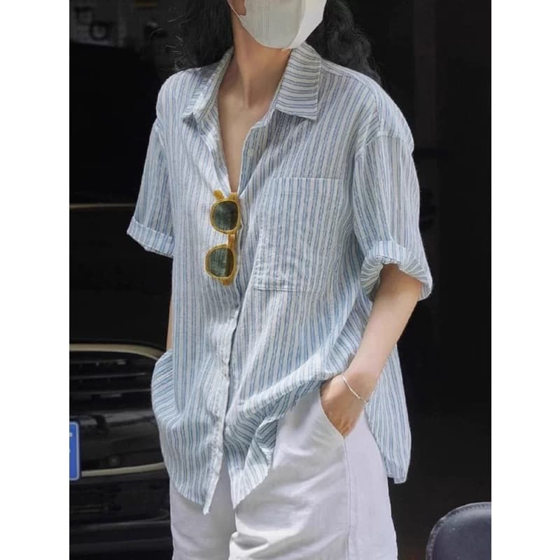 여름 드레스 새로운 빅 사이즈 여성 의류 레트로 스트라이프 면 린넨 반팔 셔츠 느긋한 느슨함 센스 외부 가져 가라. 루즈핏 맨위 상세 이미지 6