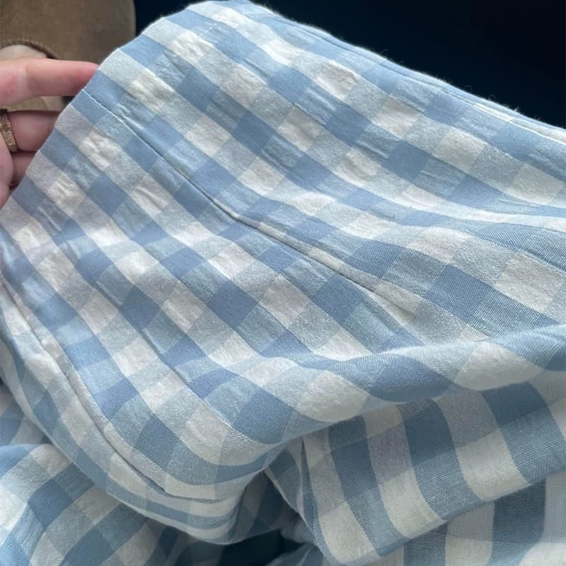 여름 드레스 새로운 빅 사이즈 9부 바지 블루 체크무늬 작은 청신 느긋한 캐주얼 바지 루즈핏 넓은 다리 도루 센스 하이웨이스트 이미지 2