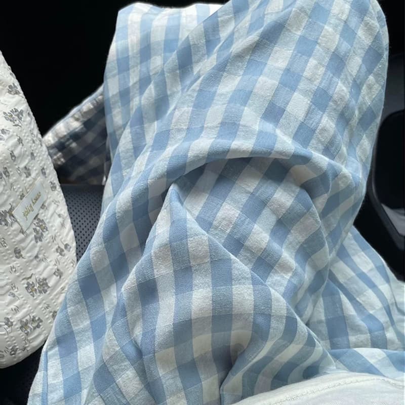 여름 드레스 새로운 빅 사이즈 9부 바지 블루 체크무늬 작은 청신 느긋한 캐주얼 바지 루즈핏 넓은 다리 도루 센스 하이웨이스트 이미지 4