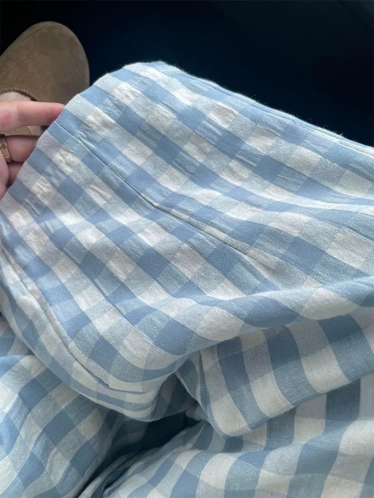여름 드레스 새로운 빅 사이즈 9부 바지 블루 체크무늬 작은 청신 느긋한 캐주얼 바지 루즈핏 넓은 다리 도루 센스 하이웨이스트 상세 이미지 4