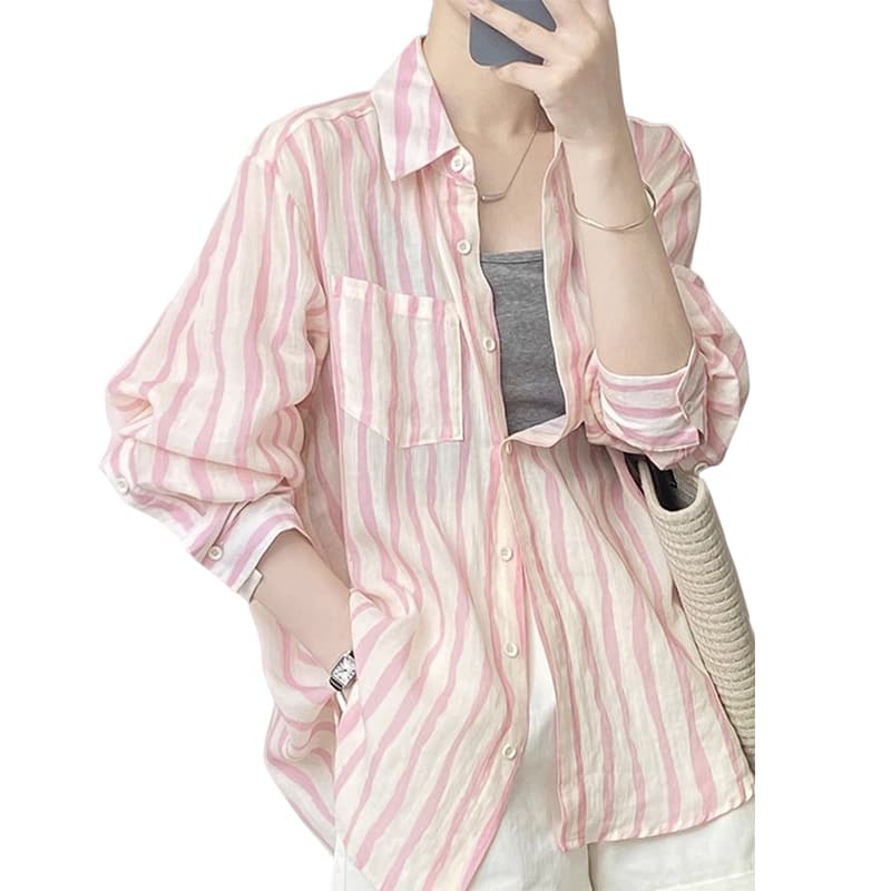 가을 의상 새로운 고급 센스 핑크색 세로 줄무늬 셔츠 루즈핏 캐주얼 다용도 자외선 차단 오픈 가디건 아마 맨위 이미지 4