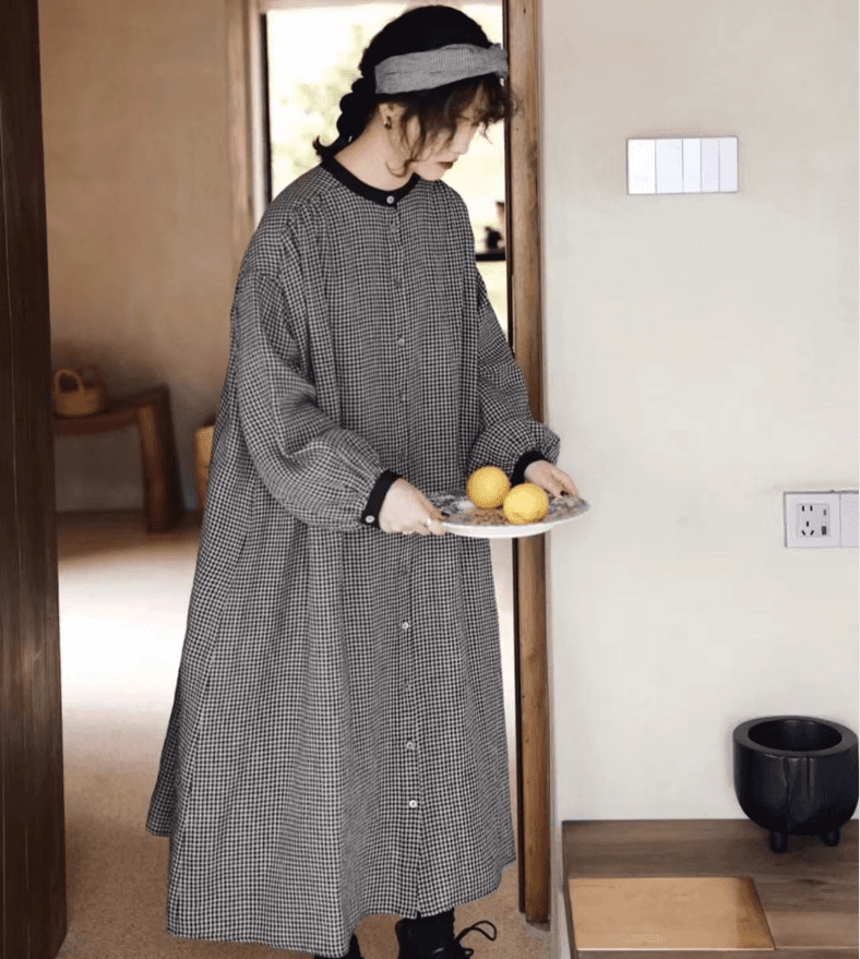 가을 의상 새로운 빅 사이즈 여성 의류 인형 치마 센 부서 주름 체크무늬 드레스 문예 숲속 소녀 바람 단추 치마