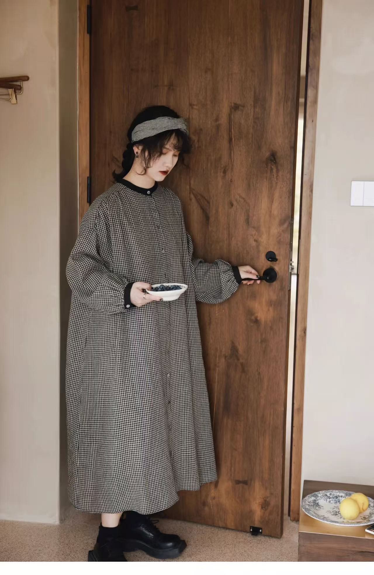 가을 의상 새로운 빅 사이즈 여성 의류 인형 치마 센 부서 주름 체크무늬 드레스 문예 숲속 소녀 바람 단추 치마 상세 이미지 11