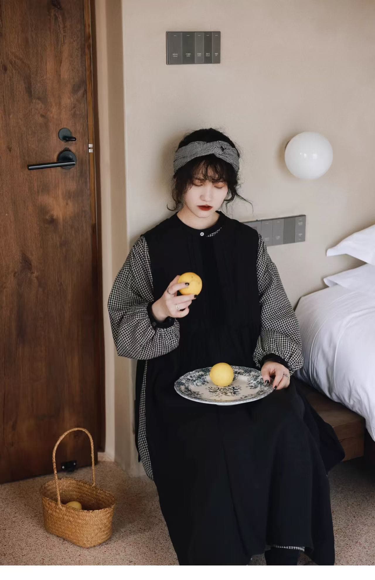 가을 의상 새로운 빅 사이즈 여성 의류 인형 치마 센 부서 주름 체크무늬 드레스 문예 숲속 소녀 바람 단추 치마 상세 이미지 12