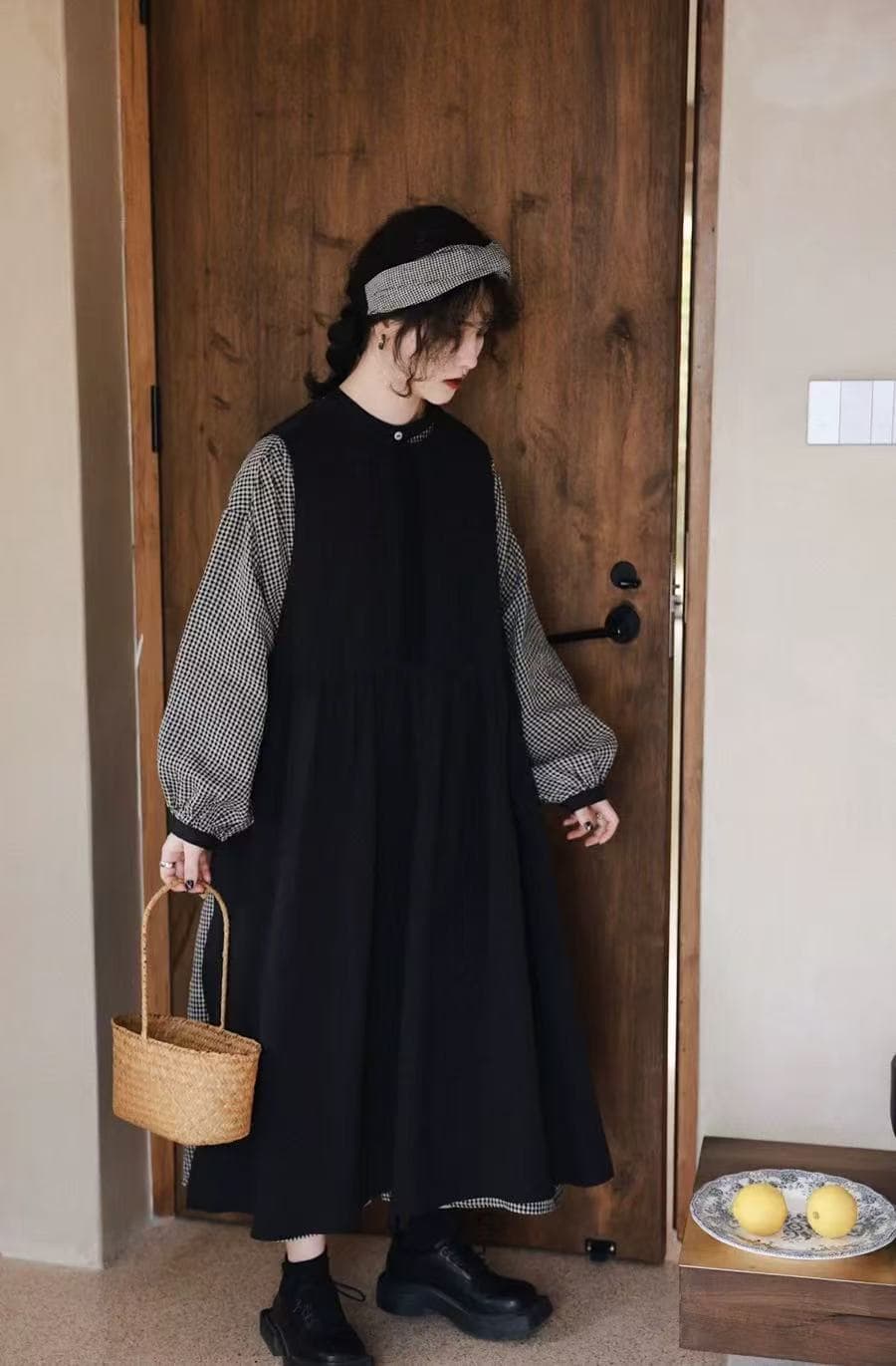 가을 의상 새로운 빅 사이즈 여성 의류 인형 치마 센 부서 주름 체크무늬 드레스 문예 숲속 소녀 바람 단추 치마 상세 이미지 23