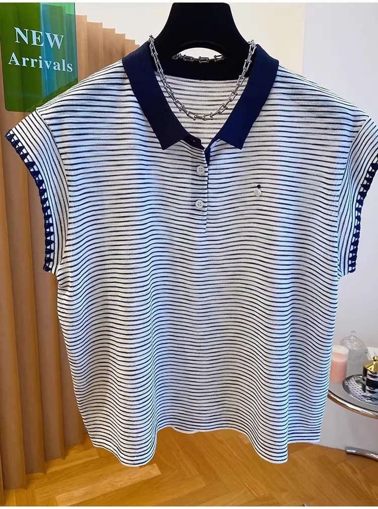한국 고급 센스 스트라이프 니트 티셔츠 여성용 짧은 소매 새로운 루즈핏 Chic 작은 날다 소매 POLO 칼라 맨위 상세 이미지 4