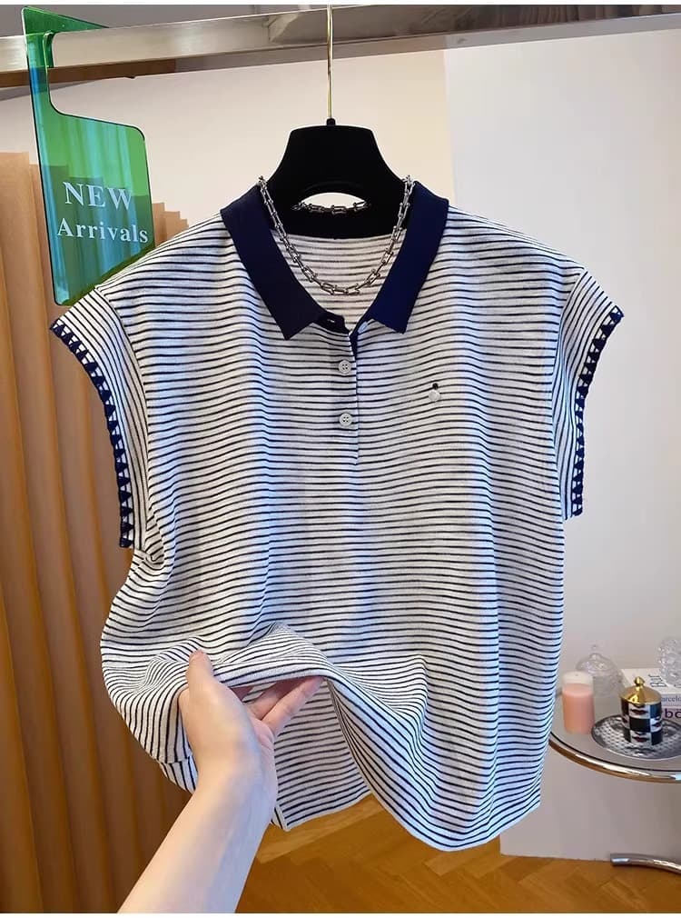 한국 고급 센스 스트라이프 니트 티셔츠 여성용 짧은 소매 새로운 루즈핏 Chic 작은 날다 소매 POLO 칼라 맨위 상세 이미지 5