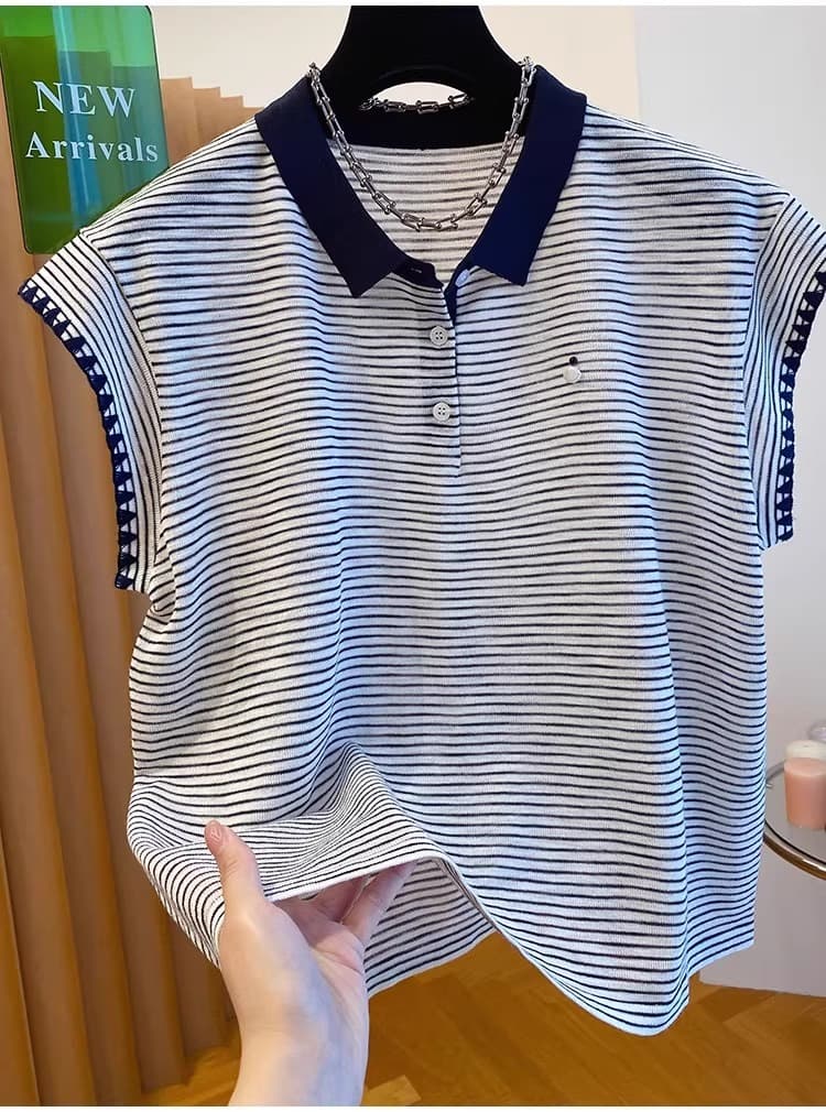 한국 고급 센스 스트라이프 니트 티셔츠 여성용 짧은 소매 새로운 루즈핏 Chic 작은 날다 소매 POLO 칼라 맨위 상세 이미지 6
