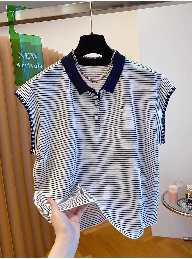 한국 고급 센스 스트라이프 니트 티셔츠 여성용 짧은 소매 새로운 루즈핏 Chic 작은 날다 소매 POLO 칼라 맨위 상세 이미지 7