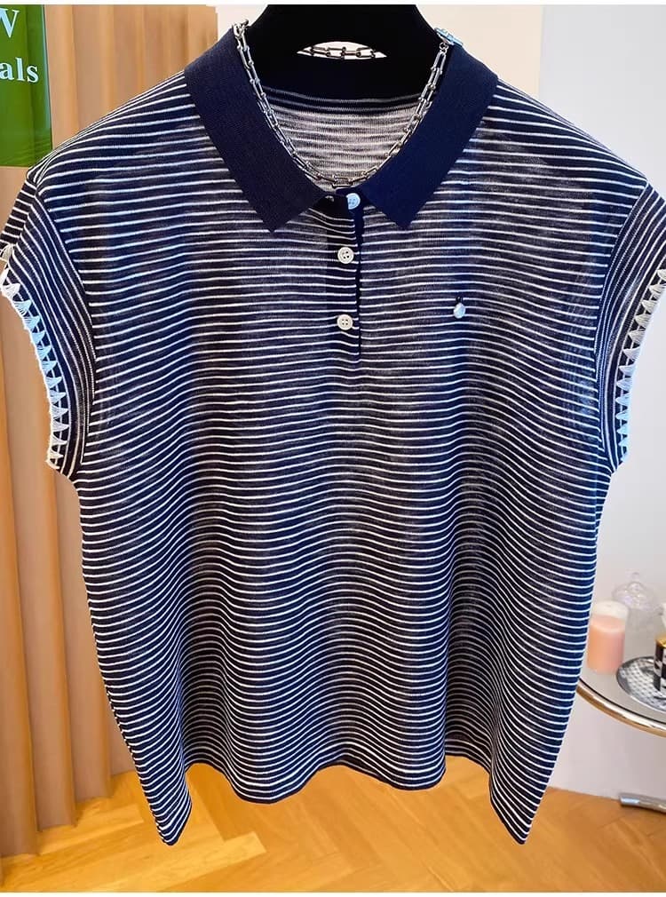 한국 고급 센스 스트라이프 니트 티셔츠 여성용 짧은 소매 새로운 루즈핏 Chic 작은 날다 소매 POLO 칼라 맨위 상세 이미지 11