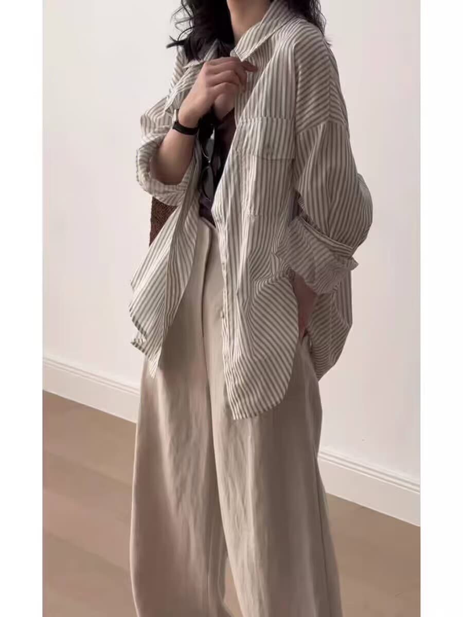 여름 새로운 스트라이프 셔츠 빛 럭셔리 고급 센스 항구 바람 레트로 루즈핏 품격 맨위 캐주얼 긴팔 셔츠 이미지 3