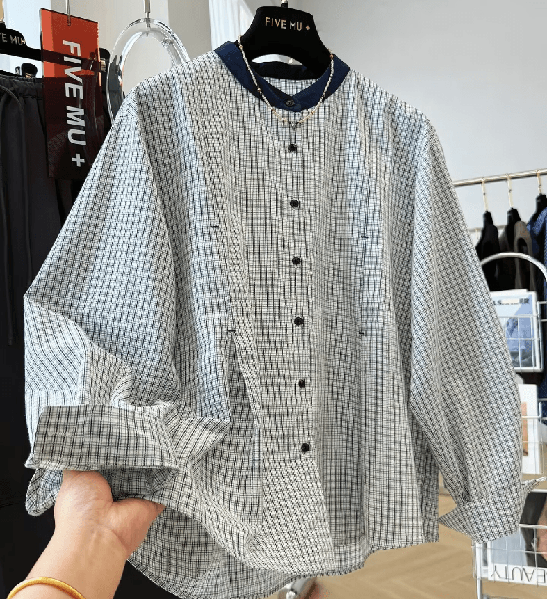 가을 의상 새로운 한 부서 레트로 체크무늬 긴팔 라운드 넥 셔츠 슈퍼 잘 생긴 품격 고유 한 그레이트 봐 의류