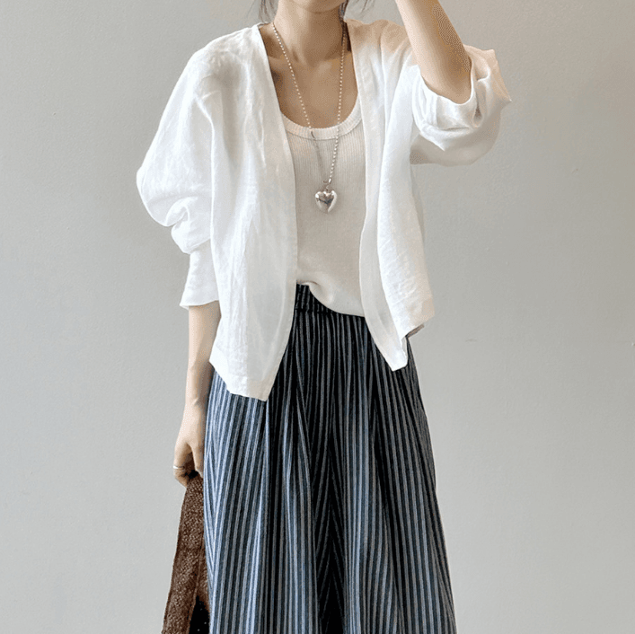 가을 의상 새로운 고급 센스 라미 카디건 코트 스트라이프 스트레이트 느긋한 바람 하이웨이스트 와이드 레그 팬츠 세트