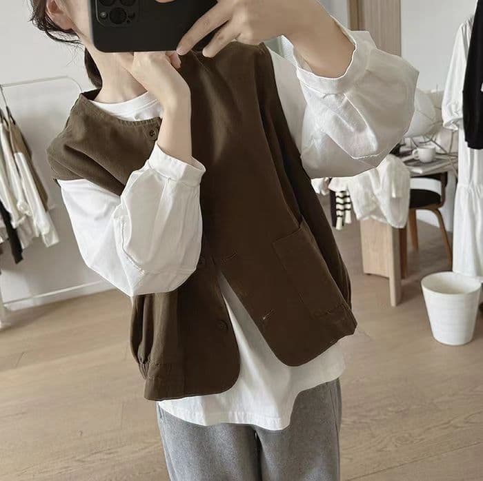 가을 의상 레트로 워크웨어 빅 포켓 베스트 조끼 여성 루즈핏 다용도 슬림해 보이는 스택 착용 라운드 넥 어깨 재킷 맨위 상세 이미지 9