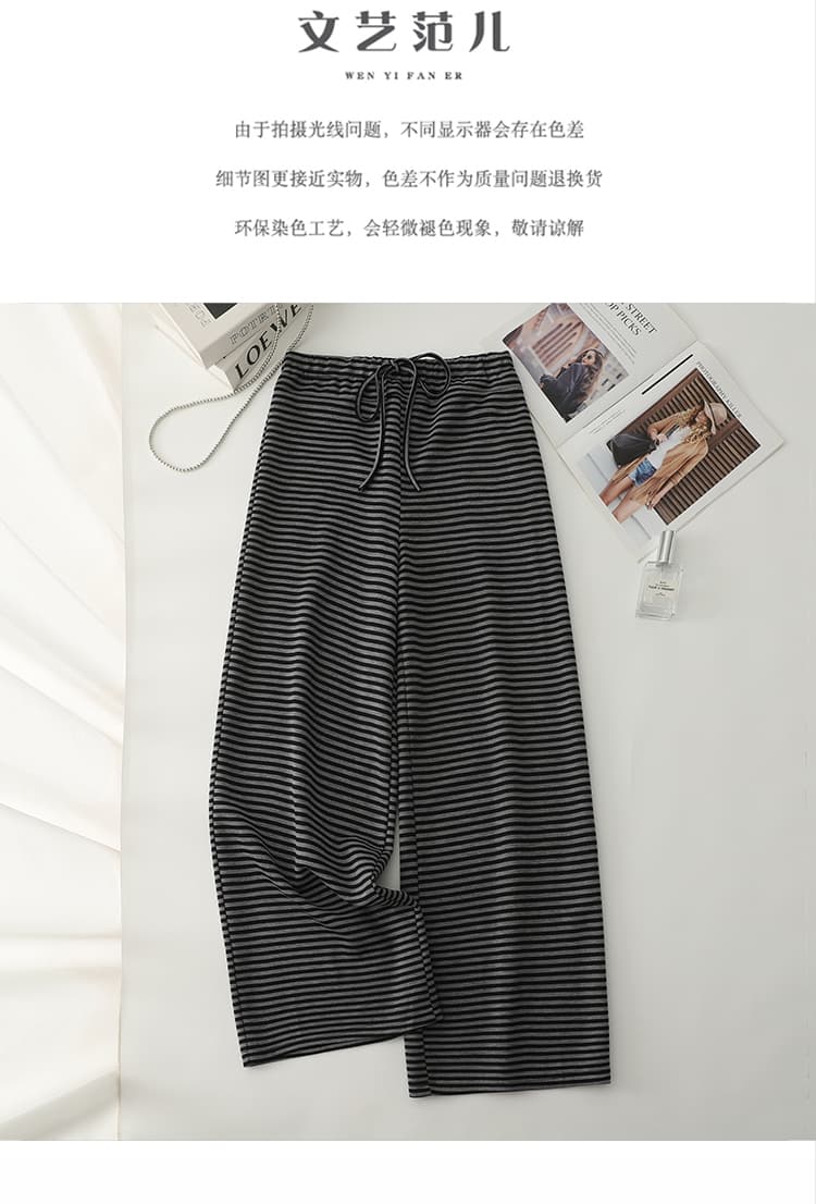 실사 um 스트라이프 느긋한 루즈핏 캐주얼 바지 여성 새로운 굴곡 스트레이트 바지 슬림해 보이는 하이웨이스트 넓은 다리 바닥 청소 바지 상세 이미지 1