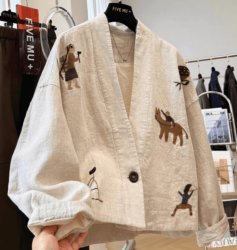 가을 의상 새로운 고급 센스 무거운 작업 자수 고유 한 Chic 자이언트 잘 생긴 V넥 고급 아마 쇼트 스타일 재킷 재킷 이미지 2