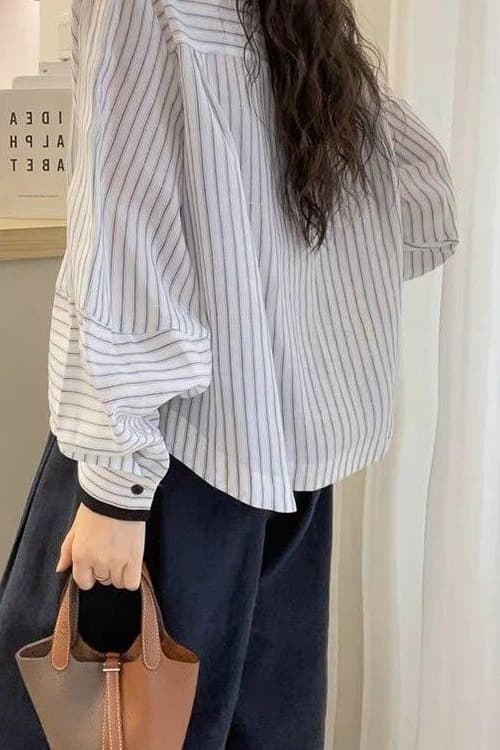 가을 의상 새로운 고유 한 슈퍼 잘 생긴 맨위 라운드 넥 랜턴 긴팔 스트라이프 셔츠 고급 센스 한 부서 품격 작은 셔츠 이미지 6