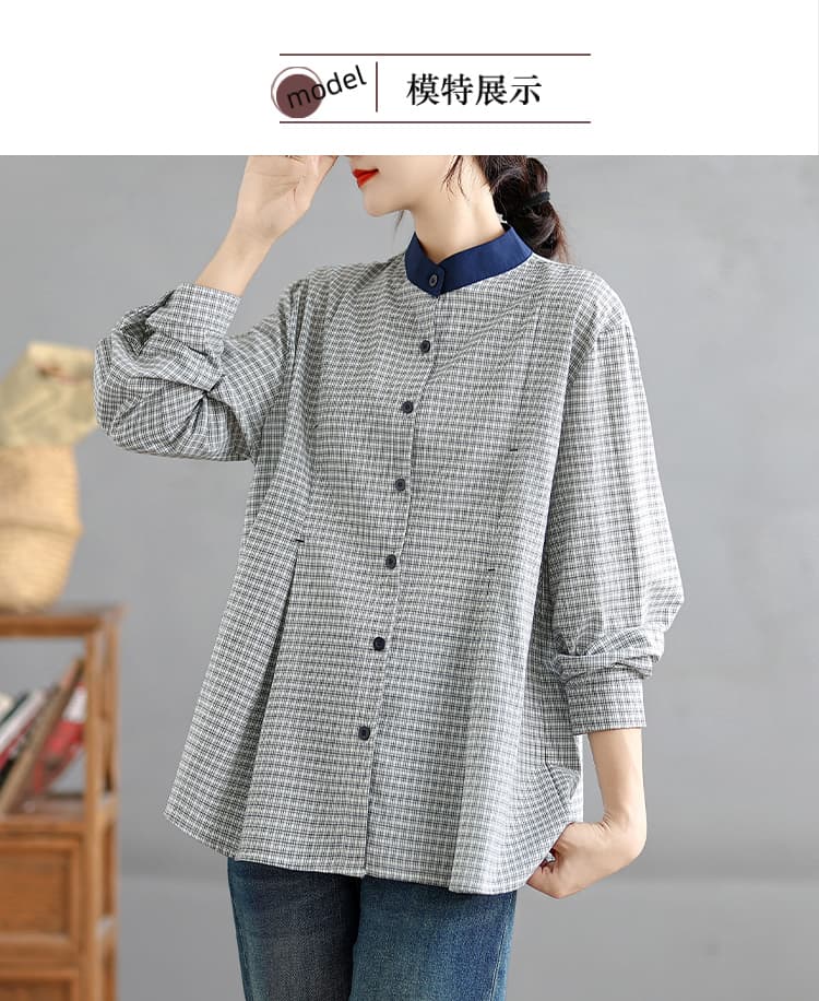 실사 2026 이른 봄 한 부서 레트로 체크무늬 긴팔 라운드 넥 셔츠 슈퍼 잘 생긴 품격 그레이트 봐 의류 상세 이미지 8