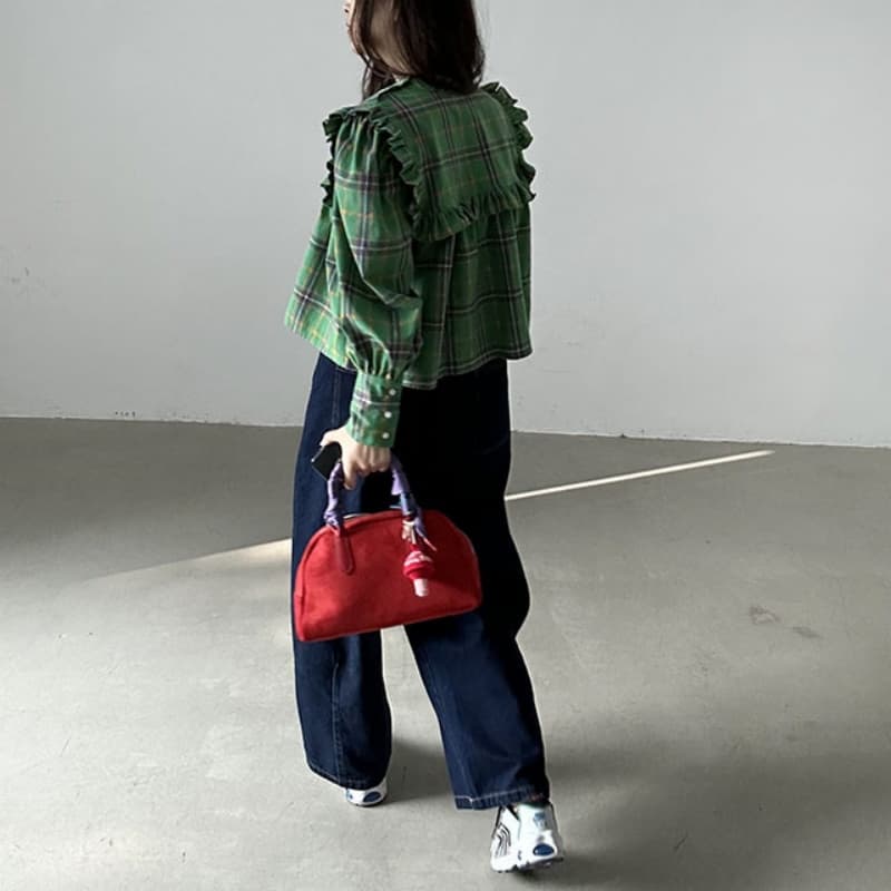 가을 의상 새로운 한국 chic 레트로 프릴 디자인 체크무늬 캐주얼 루즈핏 긴팔 인형 셔츠 셔츠 맨위 이미지 4