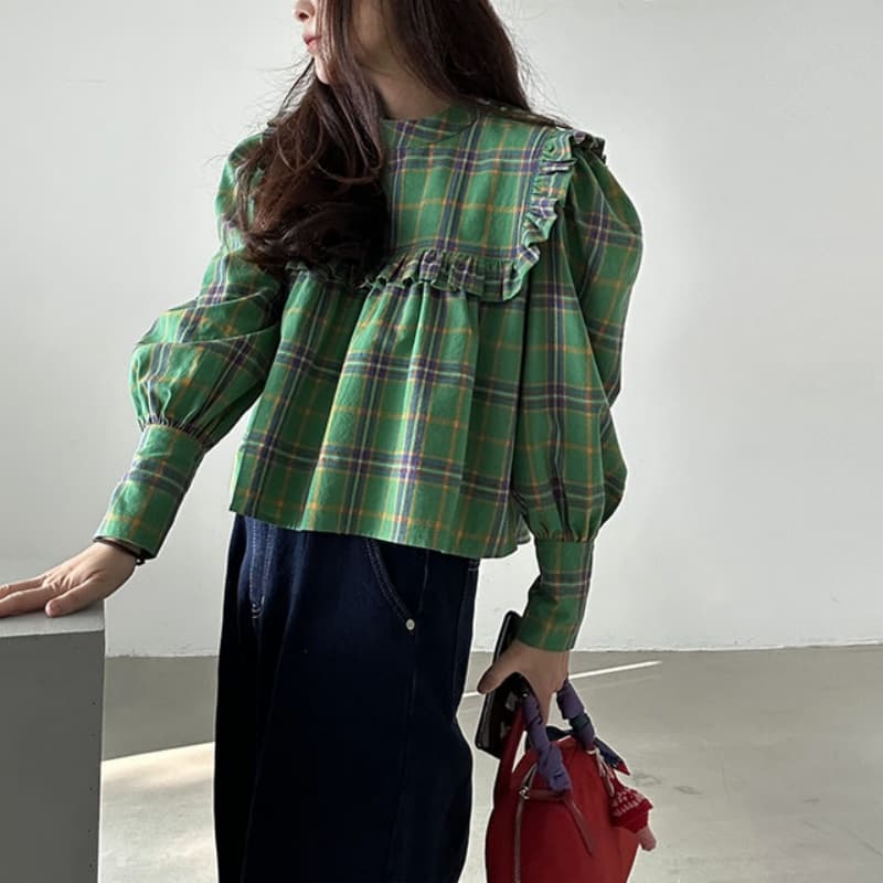 가을 의상 새로운 한국 chic 레트로 프릴 디자인 체크무늬 캐주얼 루즈핏 긴팔 인형 셔츠 셔츠 맨위 상세 이미지 3
