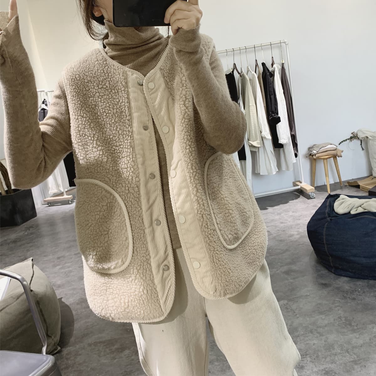 가을 겨울 새로운 양털 조끼 재킷 주머니 레트로 양면 착용 코듀로이 조끼 자켓 이미지 2