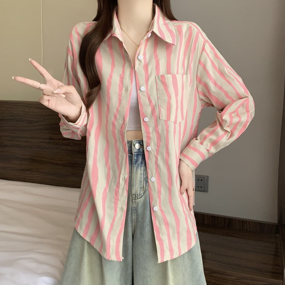 실사 202 가을 의상 새로운 고급 센스 세로 줄무늬 셔츠 루즈핏 캐주얼 다용도 오픈 가디건 아마 맨위 이미지 5