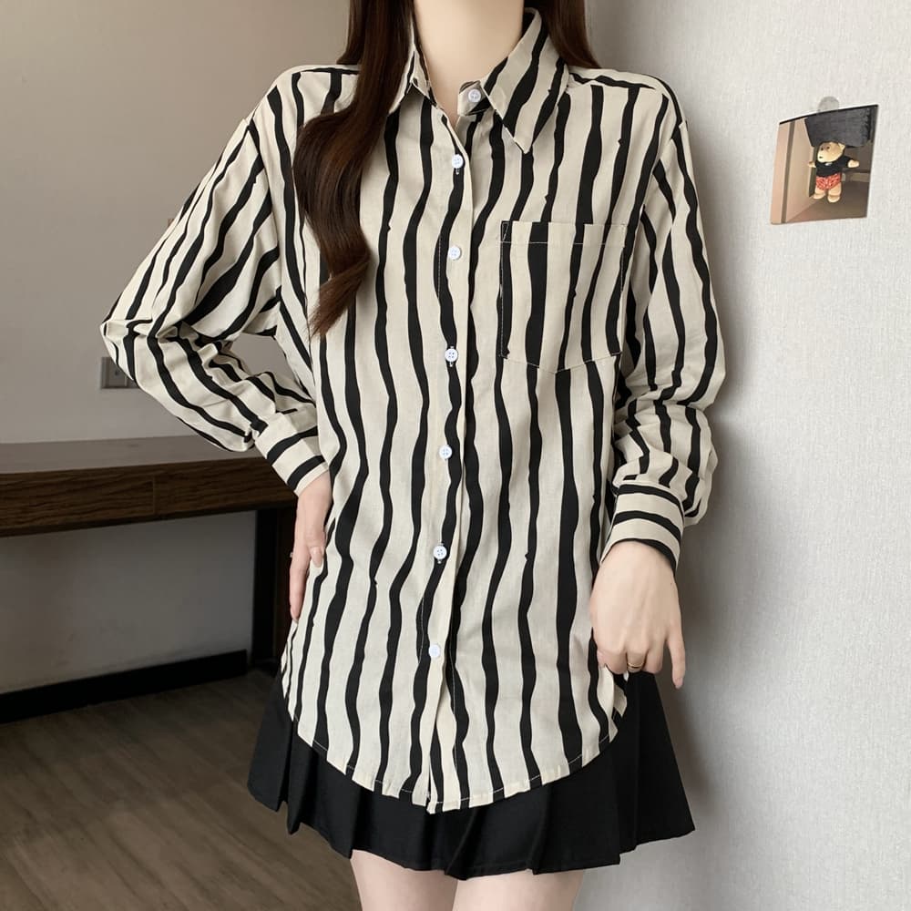 실사 202 가을 의상 새로운 고급 센스 세로 줄무늬 셔츠 루즈핏 캐주얼 다용도 오픈 가디건 아마 맨위 상세 이미지 7