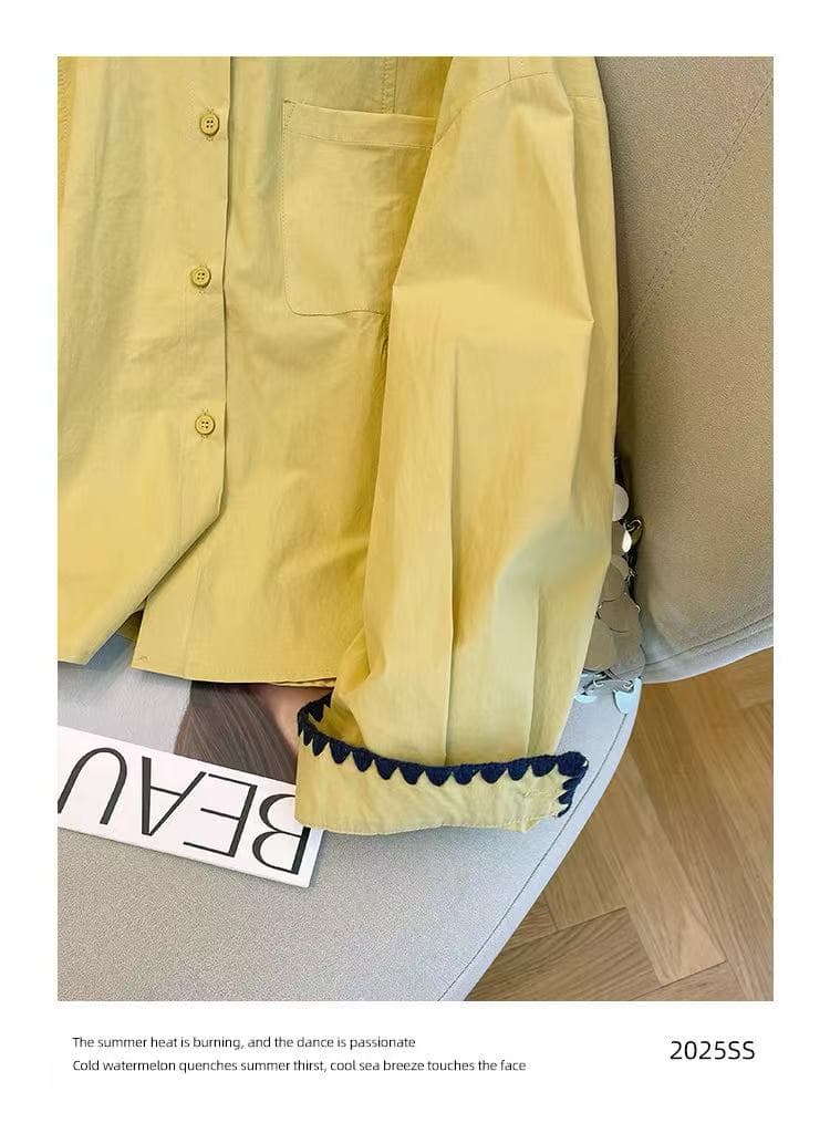 가을 의상 새로운 한국 스타일 자수 배색 패치워크 폴로 칼라 긴팔 여성 셔츠 연령 감소 루즈핏 슬림해 보이는 셔츠 맨위 상세 이미지 11