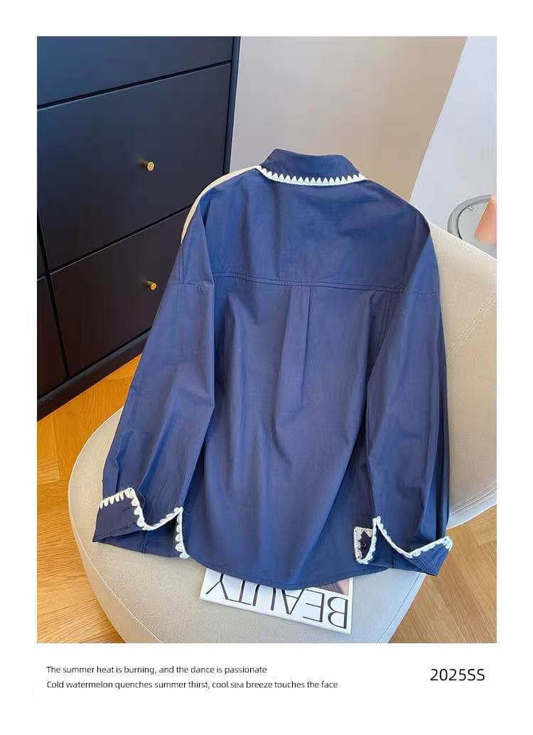 가을 의상 새로운 한국 스타일 자수 배색 패치워크 폴로 칼라 긴팔 여성 셔츠 연령 감소 루즈핏 슬림해 보이는 셔츠 맨위 상세 이미지 18