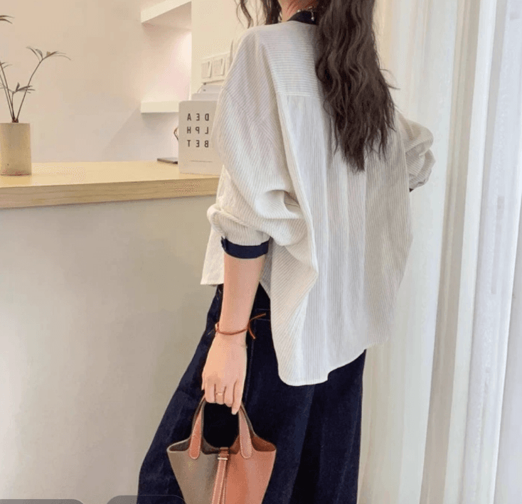 가을 의상 새로운 한 부서 슈퍼 잘 생긴 배색 라운드 넥 스트라이프 긴팔 셔츠 고급 센스 chic Chic 맨위 작은 셔츠 이미지 2
