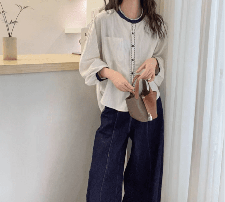 가을 의상 새로운 한 부서 슈퍼 잘 생긴 배색 라운드 넥 스트라이프 긴팔 셔츠 고급 센스 chic Chic 맨위 작은 셔츠 이미지 3