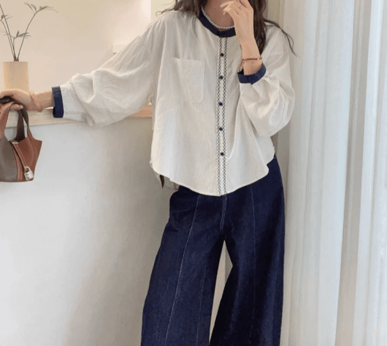 가을 의상 새로운 한 부서 슈퍼 잘 생긴 배색 라운드 넥 스트라이프 긴팔 셔츠 고급 센스 chic Chic 맨위 작은 셔츠 이미지 4