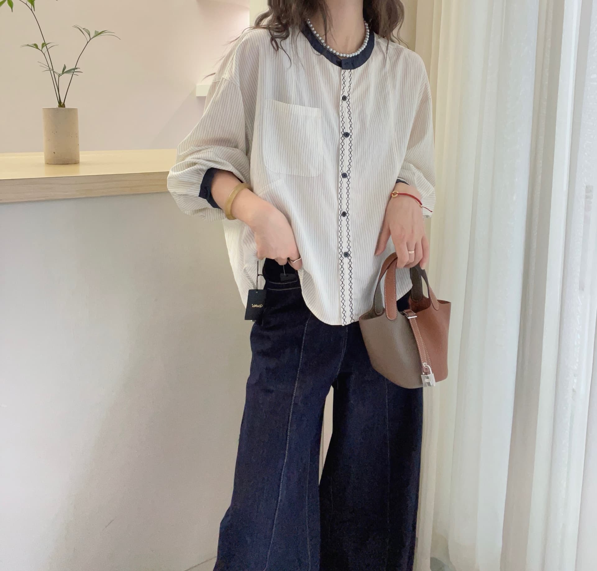 가을 의상 새로운 한 부서 슈퍼 잘 생긴 배색 라운드 넥 스트라이프 긴팔 셔츠 고급 센스 chic Chic 맨위 작은 셔츠 상세 이미지 9