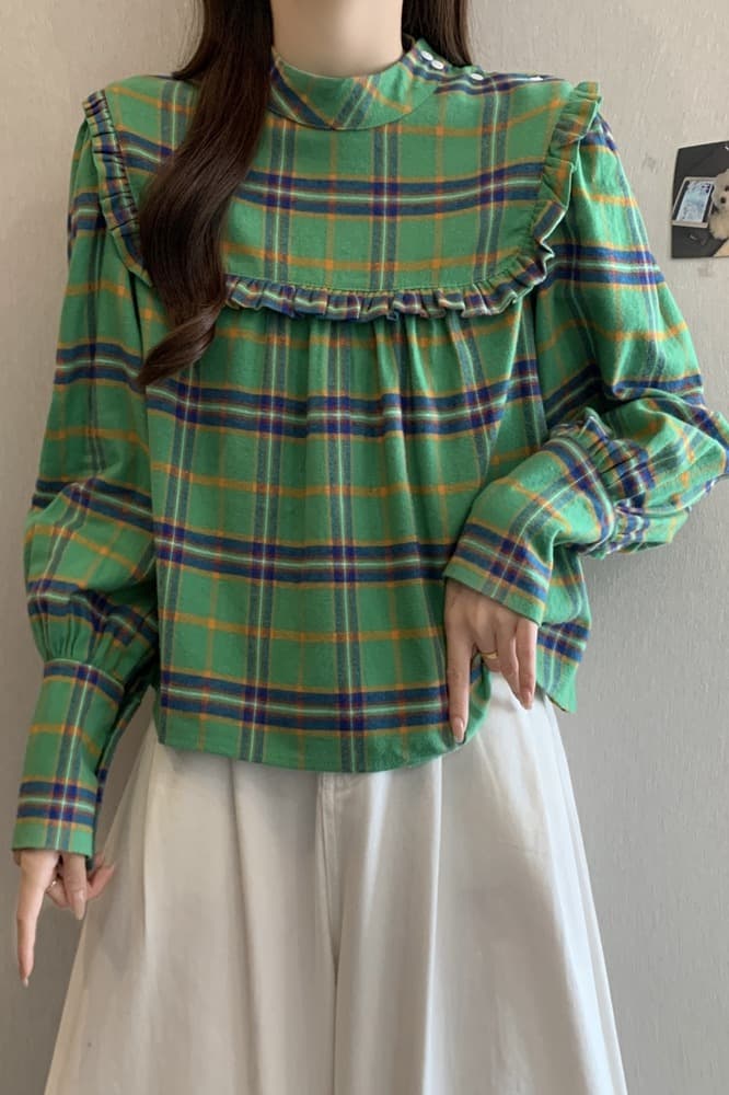 실사 2026 가을 의상 chic 레트로 프릴 디자인 체크무늬 캐주얼 루즈핏 긴팔 인형 셔츠 셔츠 맨위 이미지 7