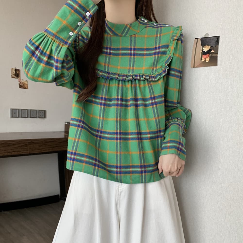 실사 2026 가을 의상 chic 레트로 프릴 디자인 체크무늬 캐주얼 루즈핏 긴팔 인형 셔츠 셔츠 맨위 상세 이미지 7
