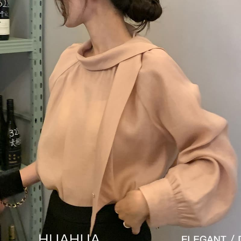 가을 의상 다용도 여성 유럽 니켈 한 부서 라운드 넥 리본 칼라 패션 핑크색 품격 긴팔 여성 셔츠 이미지 5