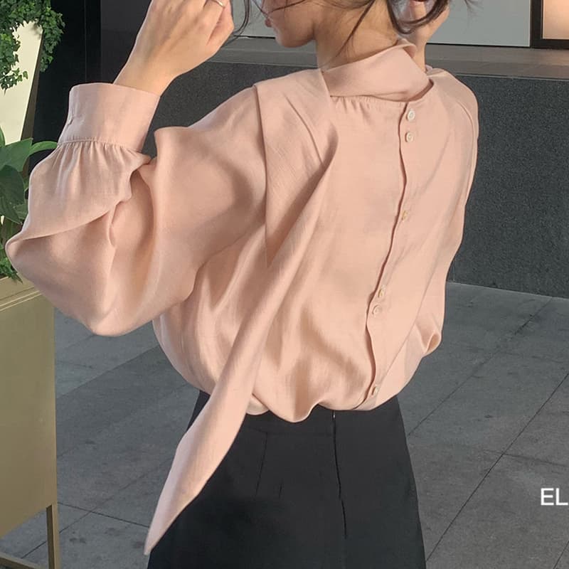 가을 의상 다용도 여성 유럽 니켈 한 부서 라운드 넥 리본 칼라 패션 핑크색 품격 긴팔 여성 셔츠 이미지 3