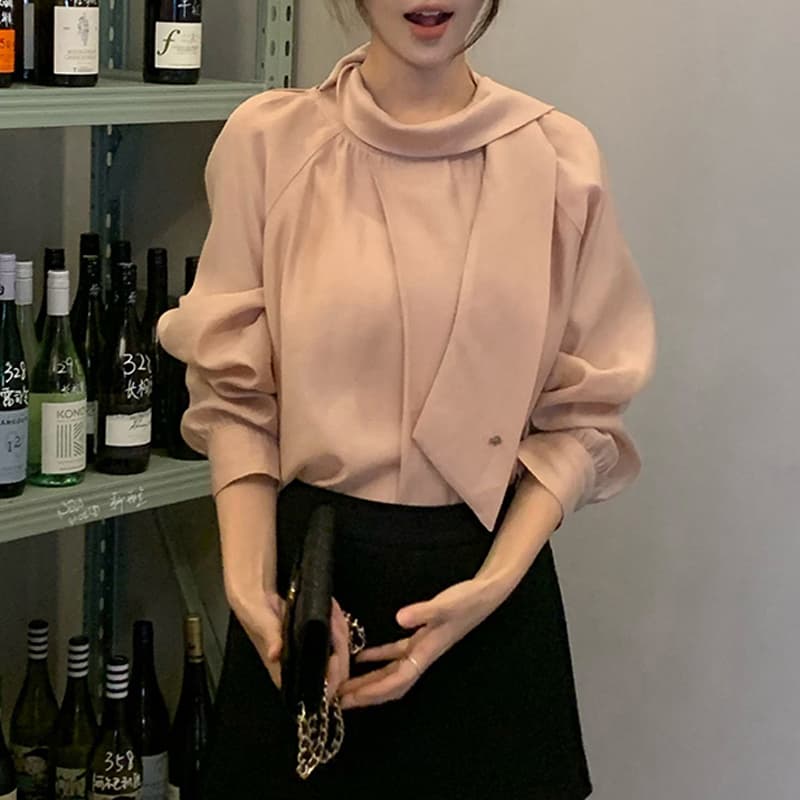 가을 의상 다용도 여성 유럽 니켈 한 부서 라운드 넥 리본 칼라 패션 핑크색 품격 긴팔 여성 셔츠 이미지 2