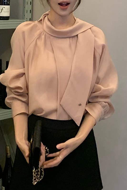 가을 의상 다용도 여성 유럽 니켈 한 부서 라운드 넥 리본 칼라 패션 핑크색 품격 긴팔 여성 셔츠 이미지 6
