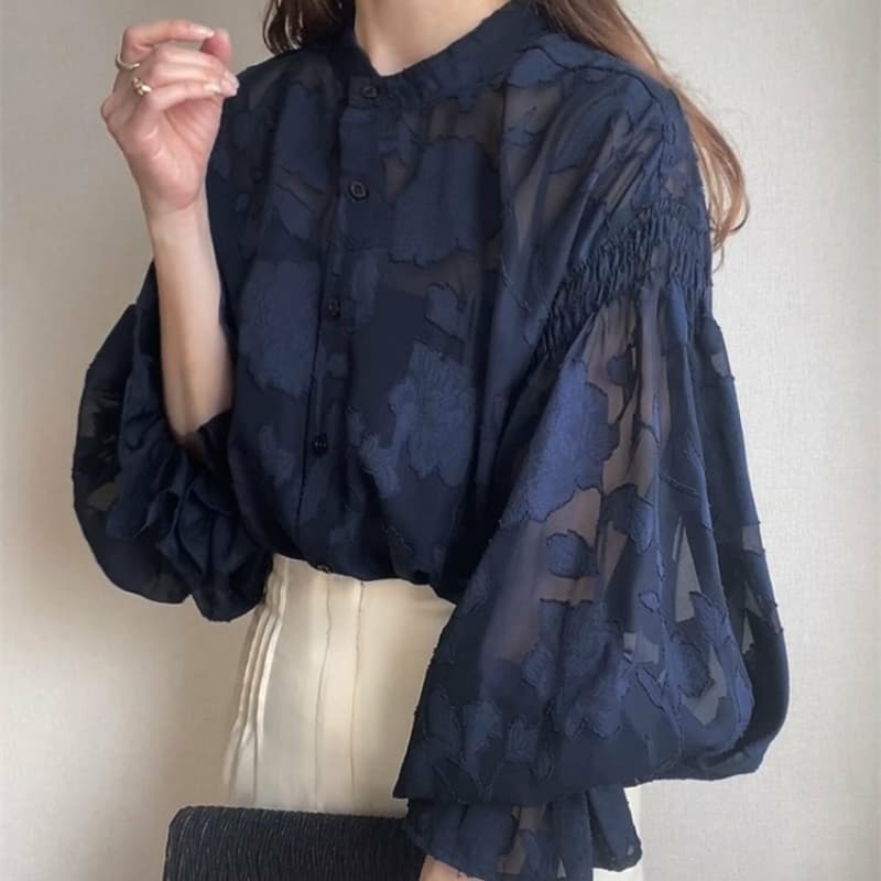 가을 의상 새로운 대외 무역 여성 의류 꽃 거품 소매 레이스 셔츠 쉬폰 톱 긴팔 셔츠 양면 착용 이미지 2