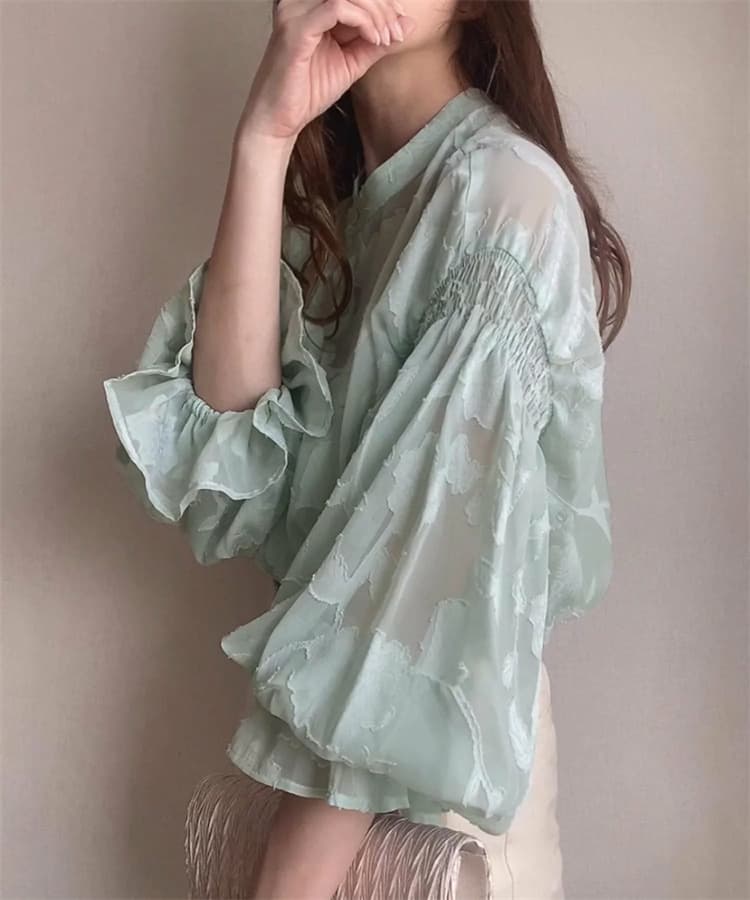가을 의상 새로운 대외 무역 여성 의류 꽃 거품 소매 레이스 셔츠 쉬폰 톱 긴팔 셔츠 양면 착용 상세 이미지 21