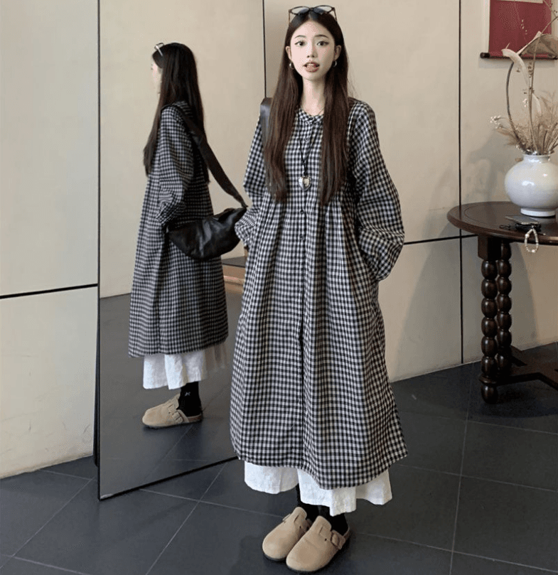 가을 의상 새로운 빅 사이즈 여성 의류 일본식 느긋한 바람 격자 무늬 셔츠 드레스 미니멀리즘 맨위