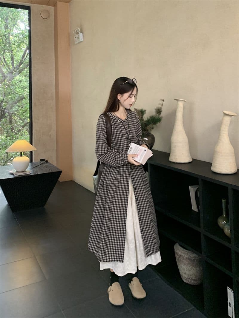 가을 의상 새로운 빅 사이즈 여성 의류 일본식 느긋한 바람 격자 무늬 셔츠 드레스 미니멀리즘 맨위 상세 이미지 18