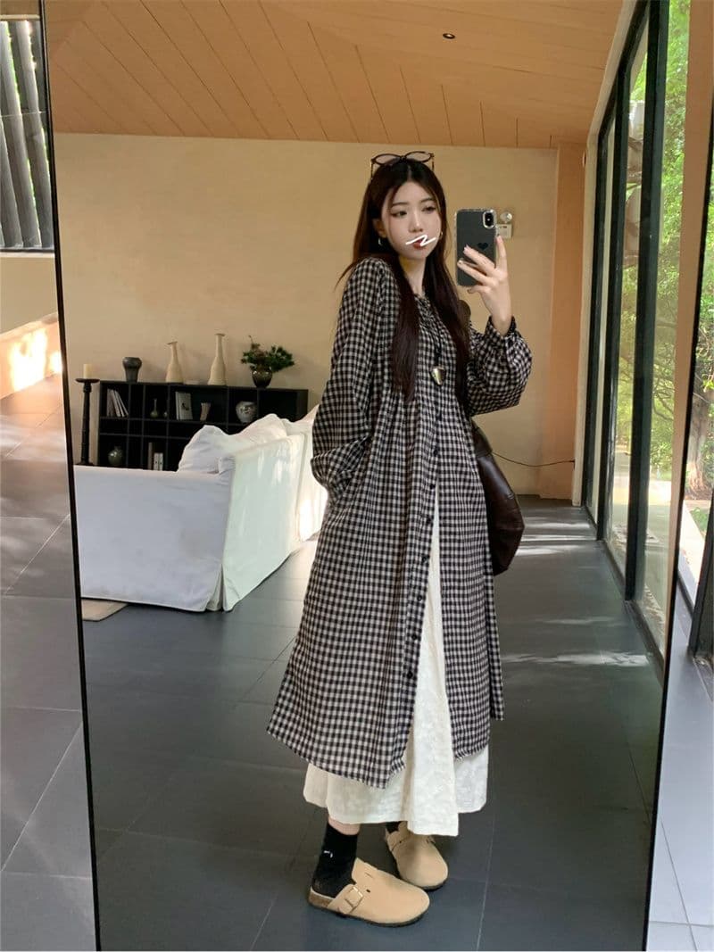 가을 의상 새로운 빅 사이즈 여성 의류 일본식 느긋한 바람 격자 무늬 셔츠 드레스 미니멀리즘 맨위 상세 이미지 24