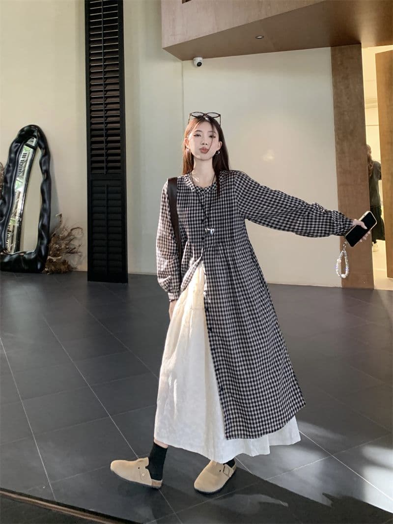 가을 의상 새로운 빅 사이즈 여성 의류 일본식 느긋한 바람 격자 무늬 셔츠 드레스 미니멀리즘 맨위 상세 이미지 32
