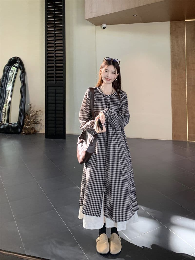 가을 의상 새로운 빅 사이즈 여성 의류 일본식 느긋한 바람 격자 무늬 셔츠 드레스 미니멀리즘 맨위 상세 이미지 34