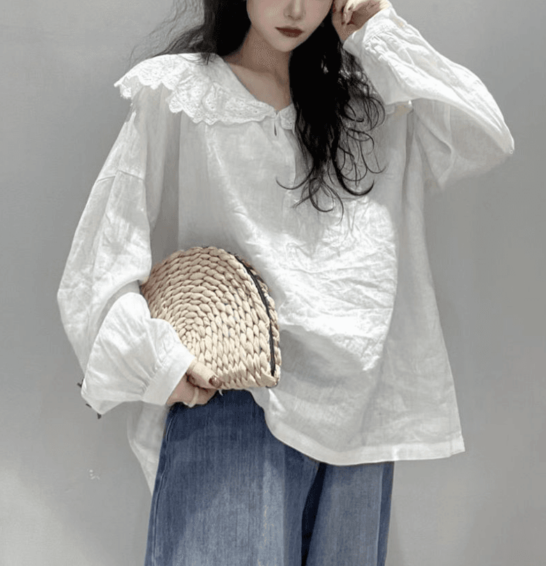 가을 의상 bolatu 품격 베이비 칼라 달콤함 디자인 작은 대중 화이트 면 린넨 재료 편안함 셔츠 이미지 3
