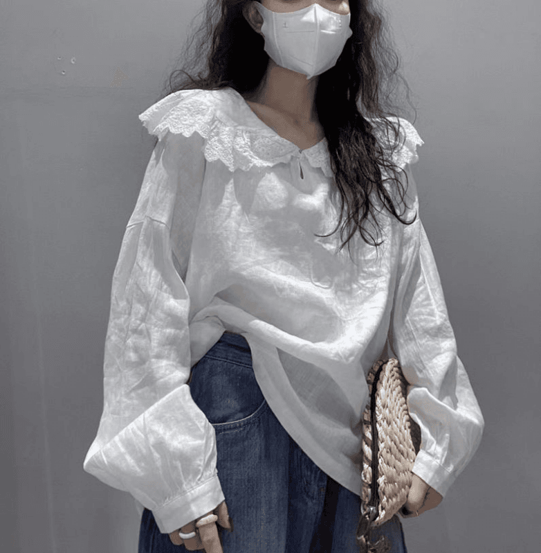 가을 의상 bolatu 품격 베이비 칼라 달콤함 디자인 작은 대중 화이트 면 린넨 재료 편안함 셔츠 상세 이미지 5