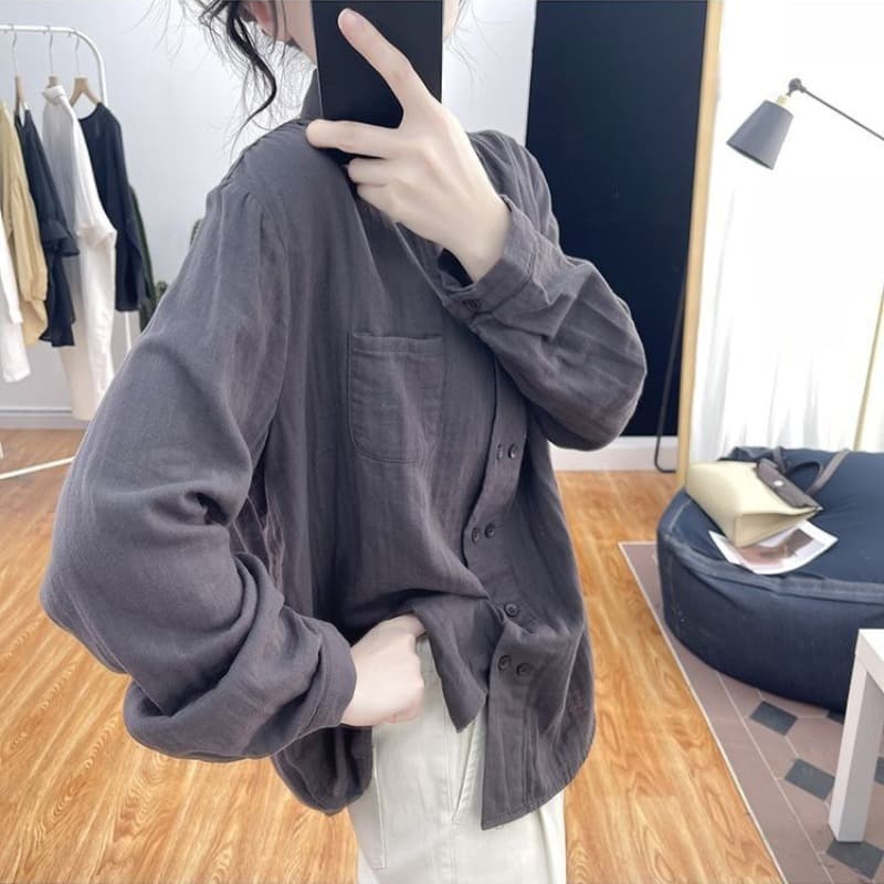 봄 드레스 POLO 칼라 이중 버튼 순면 긴팔 셔츠 인사이드 잡아라. 의류 루즈핏 디자인 센스 만나는 셔츠 이미지 5